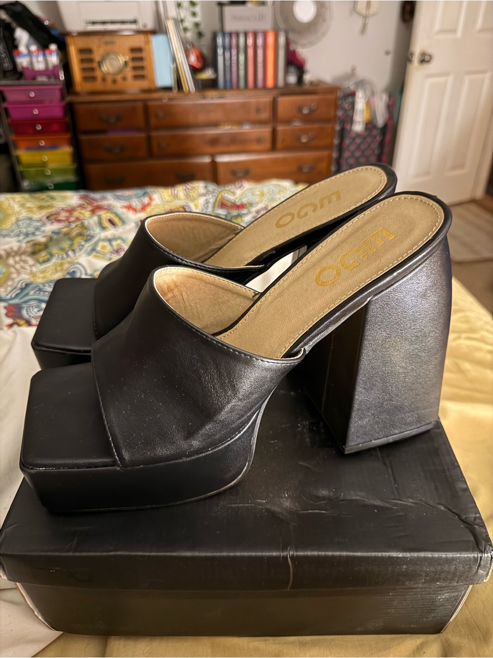 EGO Black Square-Toe Platform Mule Heels